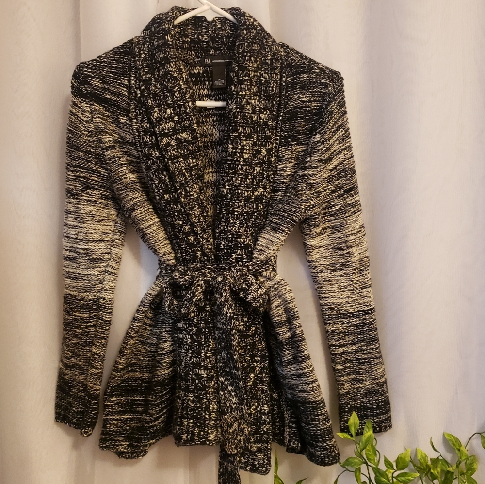 INC Black and White Open Cardigan with Belt
